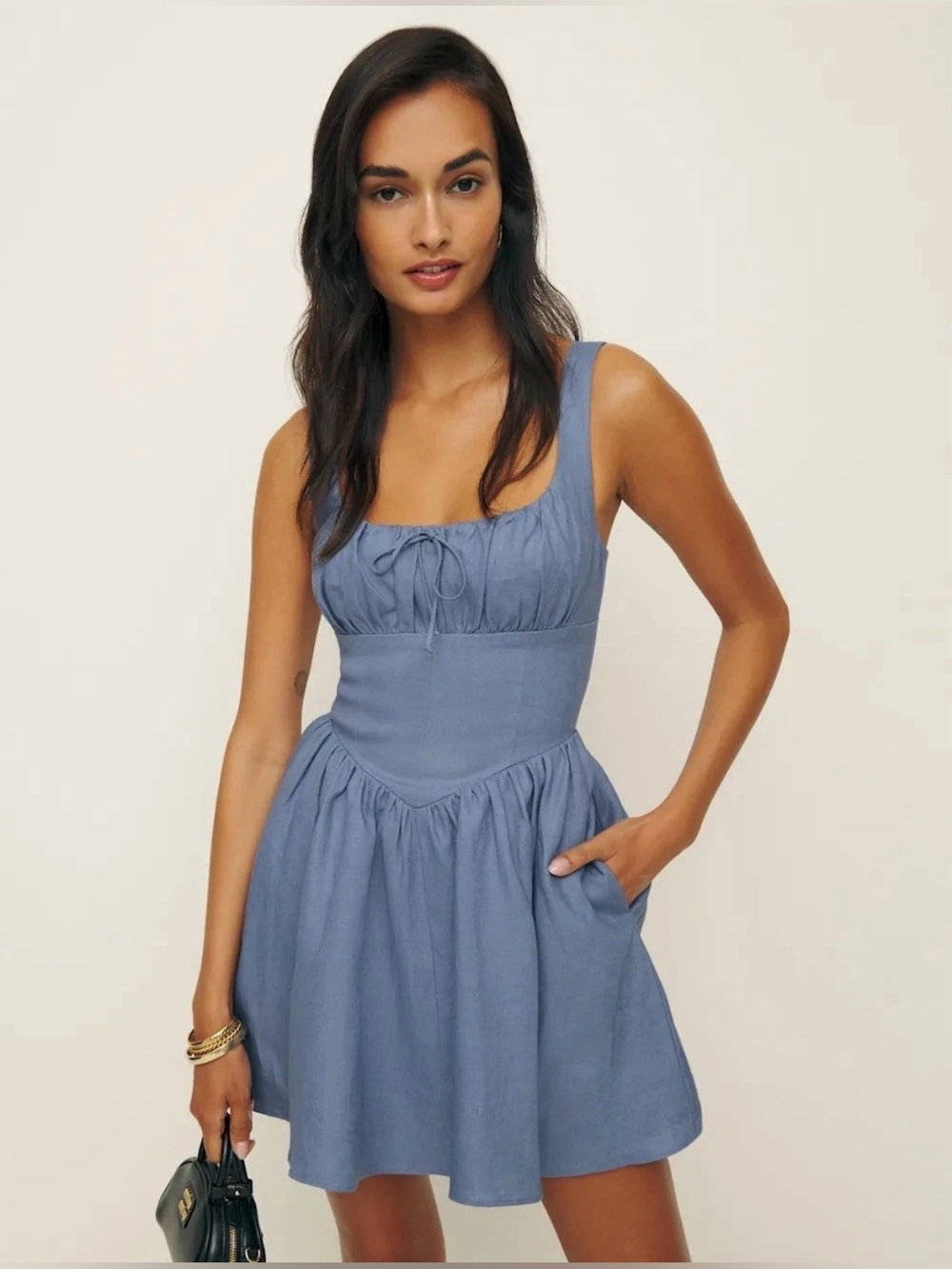 Reformation Daria Linen Dress 12 Blue Sleeveless Ruched Back Adjustable Straps